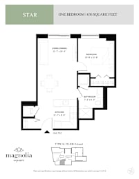 a floor plan of one bedroom unit with a bathroom and a staircase